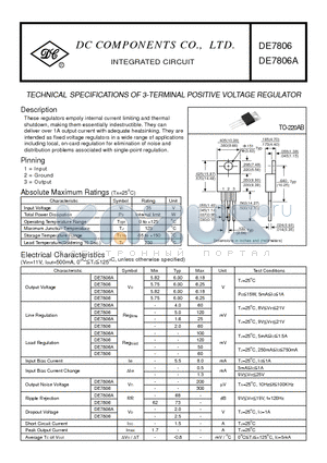 DE7806A datasheet - TECHNICAL SPECIFICATIONS OF 3-TERMINAL POSITIVE VOLTAGE REGULATOR