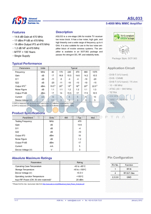 ASL033 datasheet - 5-4000 MHz MMIC Amplifier