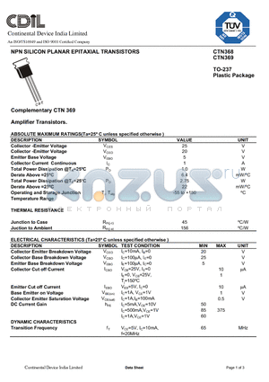 CTN368 datasheet - NPN SILICON PLANAR EPITAXIAL TRANSISTORS