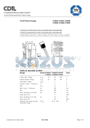 CTN635 datasheet - Complementary Transistors in Plastic Package for Driver Stage of Audio Amplifier