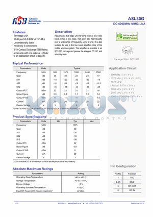 ASL30G datasheet - DC-6000MHz MMIC LNA