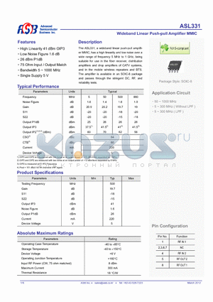 ASL331 datasheet - Wideband Linear Push-pull Amplifier MMIC
