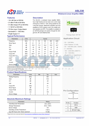 ASL330 datasheet - Wideband Linear Amplifier MMIC