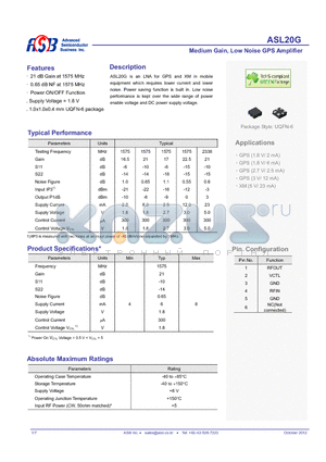 ASL20G datasheet - Medium Gain, Low Noise GPS Amplifier