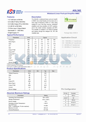 ASL362 datasheet - Wideband Linear Push-pull Amplifier MMIC