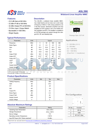 ASL390 datasheet - Wideband Linear Amplifier MMIC