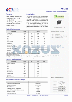 ASL522 datasheet - Wideband Linear Amplifier MMIC