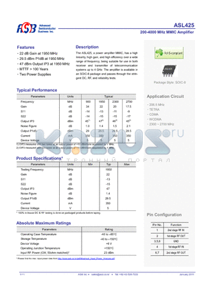 ASL425 datasheet - 200-4000 MHz MMIC Amplifier