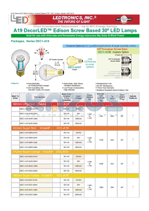 DEC1-A19-0UR-120A datasheet - Direct Incandescent Replacement -- Up to 90% Energy Savings A19 DecorLED Edison Screw Based 30j LED Lamps