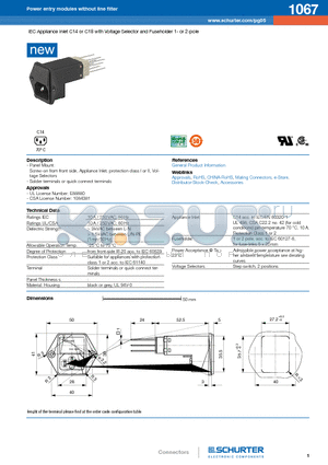 1067 datasheet - IEC Appliance Inlet C14 or C18 with Voltage Selector and Fuseholder 1- or 2-pole