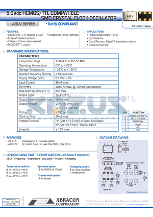 ASLV datasheet - 5.0Vdc HCMOS/TTL COMPATIBLE SMD CRYSTAL CLOCK OSCILLATOR