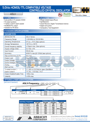 ASLV datasheet - 5.0Vdc HCMOS/TTL COMPATIBLE VOLTAGE CONTROLLED CRYSTAL OSCILLATOR