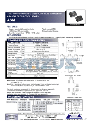 ASM datasheet - CRYSTAL CLOCK OSCILLATORS