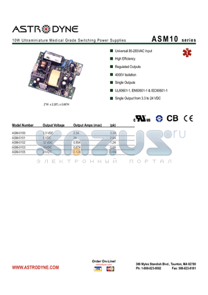 ASM-0101 datasheet - 10W Ultraminiature Medical Grade Switching Power Supplies