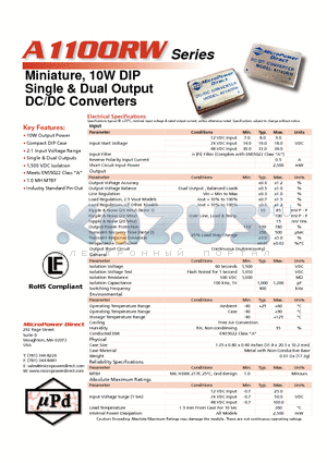 A1122RW datasheet - Miniature, 10W DIP Single & Dual Output DC/DC Converters