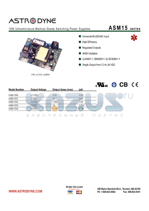 ASM15 datasheet - 15W Ultraminiature Medical Grade Switching Power Supplies