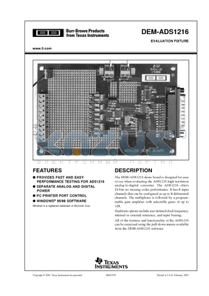 DEM-ADS1216 datasheet - EVALUATION FIXTURE