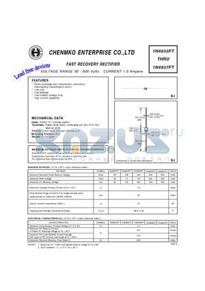 1N4933PT datasheet - VOLTAGE RANGE 50 - 600 Volts CURRENT 1.0 Ampere