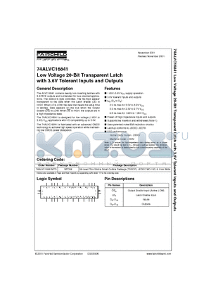 74ALVC16841MTD datasheet - Low Voltage 20-Bit Transparent Latch with 3.6V Tolerant Inputs and Outputs