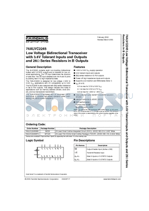 74ALVC2245 datasheet - Low Voltage Bidirectional Transceiver with 3.6V Tolerant Inputs and Outputs and 26ohm Series Resistors in B Outputs