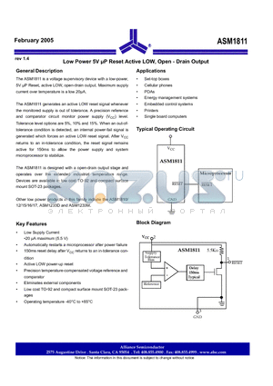 ASM1811 datasheet - Low Power 5V uP Reset Active LOW, Open - Drain Output