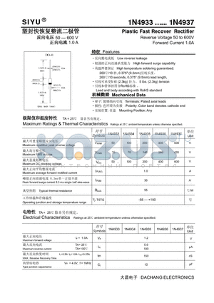 1N4934 datasheet - Plastic Fast Recover Rectifier Reverse Voltage 50 to 600V Forward Current 1.0A