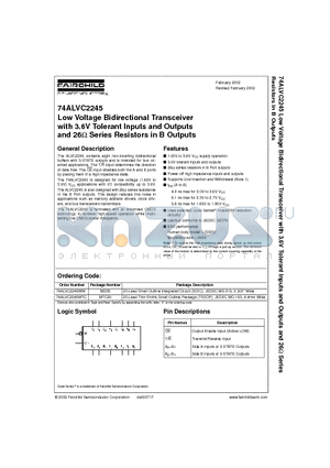 74ALVC2245WM datasheet - Low Voltage Bidirectional Transceiver with 3.6V Tolerant Inputs and Outputs and 26 Series Resistors in B Outputs