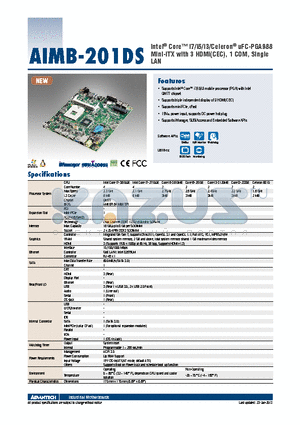 AIMB-201DS datasheet - Intel^ Core i7/i5/i3/Celeron^ uFC-PGA988 Mini-ITX with 3 HDMI(CEC), 1 COM, Single LAN