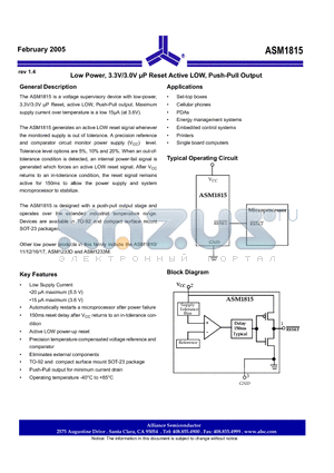 ASM1815-20F datasheet - Low Power, 3.3V/3.0V uP Reset Active LOW, Push-Pull Output