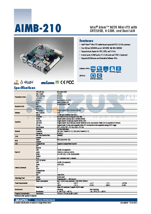 AIMB-210F-S6B1E datasheet - Intel^ Atom N270 Mini-ITX with CRT/LVDS, 6 COM, and Dual LAN