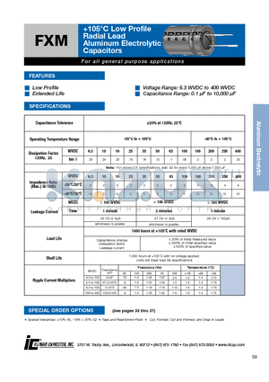 106FXM063M datasheet - 105`C Low Profile Radial Lead Aluminum Electrolytic Capacitors