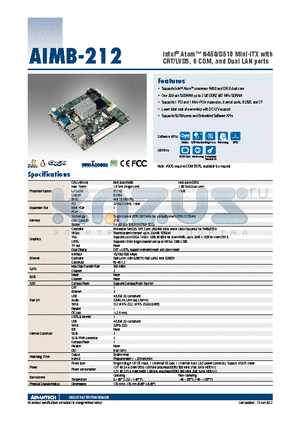 AIMB-212D-S6A1E datasheet - Intel^ Atom N450/D510 Mini-ITX with CRT/LVDS, 6 COM, and Dual LAN ports