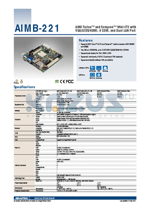 AIMB-221G2-00A1E datasheet - AMD Turion and Sempron Mini-ITX with VGA/LVDS/HDMI, 6 COM, and Dual LAN Port