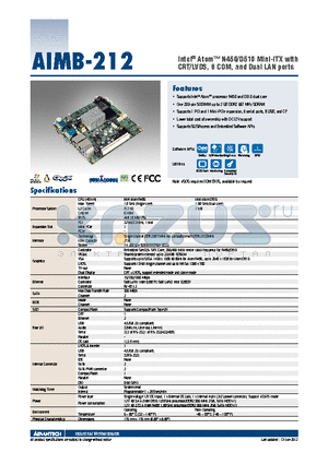 AIMB-212N-S6A1E datasheet - Intel^ Atom N450/D510 Mini-ITX with CRT/LVDS, 6 COM, and Dual LAN ports