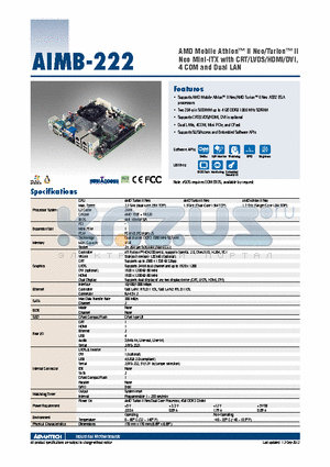 AIMB-222 datasheet - AMD Mobile Athlon II Neo/Turion II Neo Mini-ITX with CRT/LVDS/HDMI/DVI, 4 COM and Dual LAN