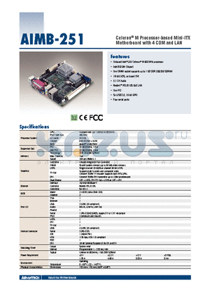 AIMB-251 datasheet - Celeron^ M Processor-based Mini-ITX Motherboard with 4 COM and LAN