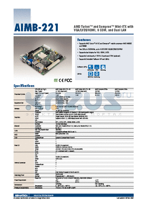 AIMB-221 datasheet - AMD Turion and Sempron Mini-ITX with VGA/LVDS/HDMI, 6 COM, and Dual LAN
