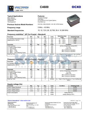 C4600 datasheet - OCXO Standard Package Low Aging AT-Cut and SC-Cut Crystal Options Fast Warm-up