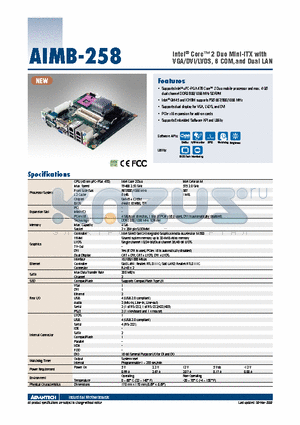 AIMB-258G2-00A1E datasheet - Intel^ Core 2 Duo Mini-ITX with VGA/DVI/LVDS, 6 COM,and Dual LAN