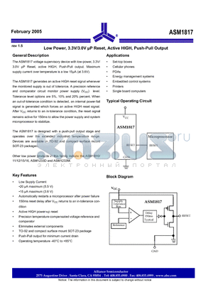 ASM1817 datasheet - Low Power, 3.3V/3.0V uP Reset, Active HIGH, Push-Pull Output