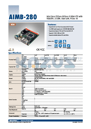 AIMB-280G2-00A1E datasheet - Intel Core i7/Core i5/Core i3 Mini-ITX with VGA/DVI, 2 COM, Dual LAN, PCIex 16