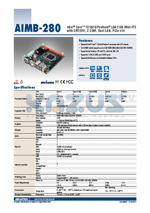 AIMB-280_12 datasheet - Intel^ Core i7/i5/i3/Pentium^ LGA1156 Mini-ITX with CRT/DVI, 2 COM, Dual LAN, PCIe x16