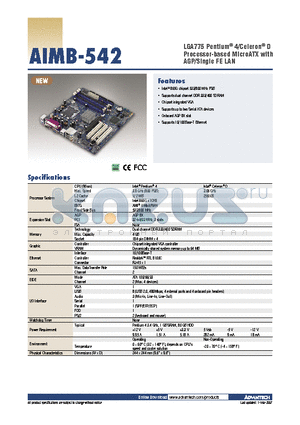 AIMB-542VE-00A1E datasheet - LGA775 Pentium^ 4/Celeron^ D Processor-based MicroATX with AGP/Single FE LAN