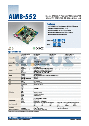 AIMB-552G2-S0A1E datasheet - Socket 479 Intel^ Pentium^ M/Celeron^ M MicroATX, VGA/LVDS, 10 COM, & Dual LAN