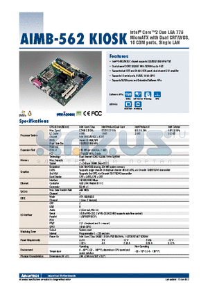AIMB-562KIOSK_12 datasheet - Intel^ Core2 Duo LGA 775 MicroATX with Dual CRT/LVDS, 10 COM ports, Single LAN