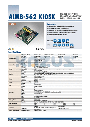 AIMB-562KIOSK datasheet - LGA 775 Core 2 Duo MicroATX with Dual VGA/LVDS, 10 COM, and LAN
