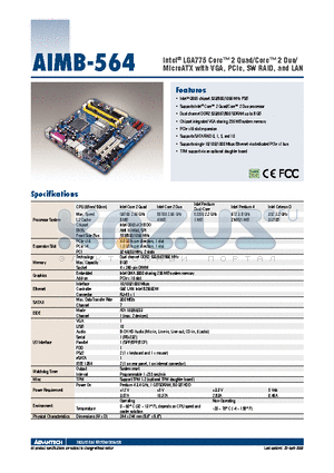 AIMB-564 datasheet - Intel^ LGA775 Core 2 Quad/Core 2 Duo/MicroATX with VGA, PCIe, SW RAID, and LAN