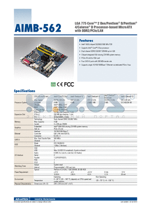 AIMB-562_10 datasheet - LGA 775 Core 2 Duo/Pentium^ D/Pentium^ 4/Celeron^ D Processor-based MicroATX with DDR2/PCIe/LAN