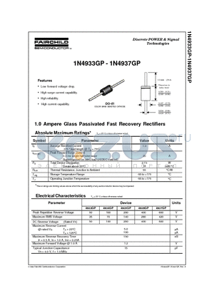 1N4935GP datasheet - 1.0 Ampere Glass Passivated Fast Recovery Rectifiers