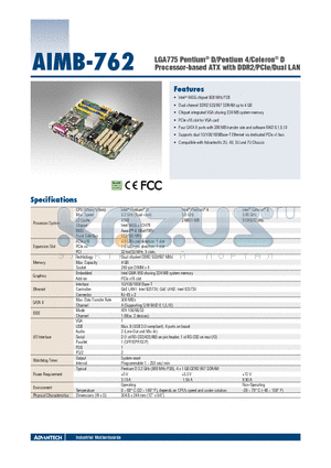 AIMB-762 datasheet - LGA775 Pentium^ D/Pentium 4/Celeron^ D Processor-based ATX with DDR2/PCIe/Dual LAN